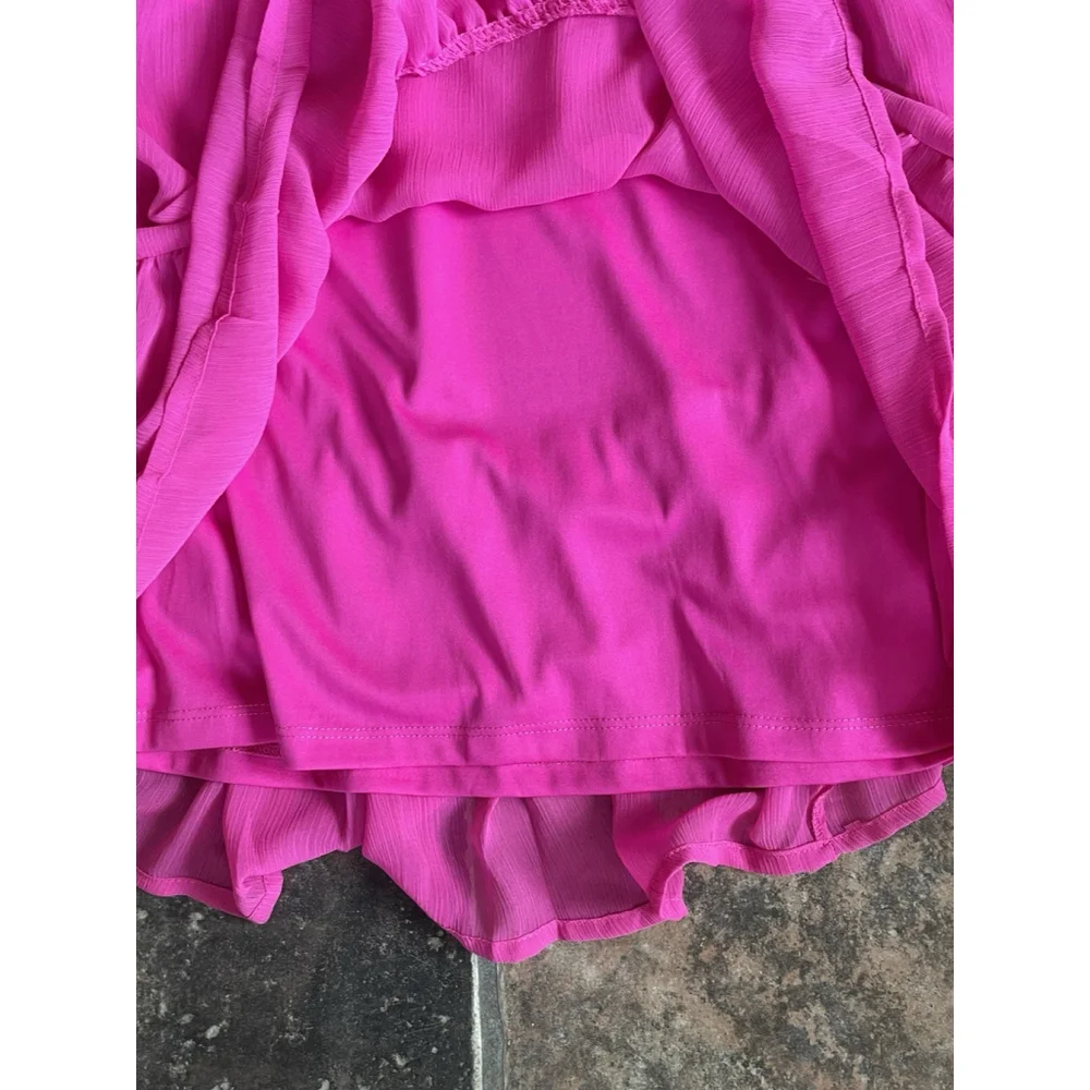 Vince Camuto Hot Pink Tiered Chiffon Mini Dress Sheer Sleeves Ruffle Collar Sz L - Picture 9 of 10